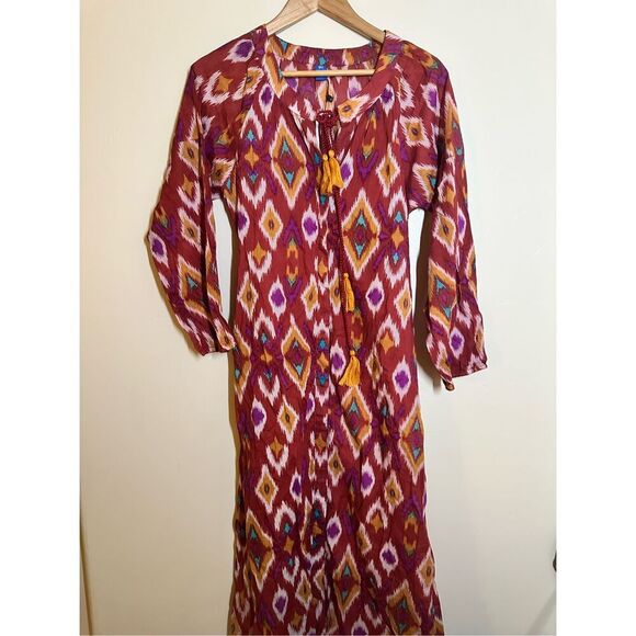 Raj Aurora Boho Inspired Red and Gold Cotton Dress Size Large New - Picture 2 of 4